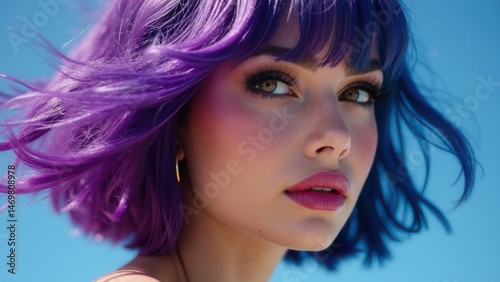 Obraz na płótnie Portrait of a woman with bright colored flying hair, all shades of blue purple. Hair coloring, beautiful lips and makeup. Hair fluttering in the wind. Sexy girl with short hair. P. w salonie