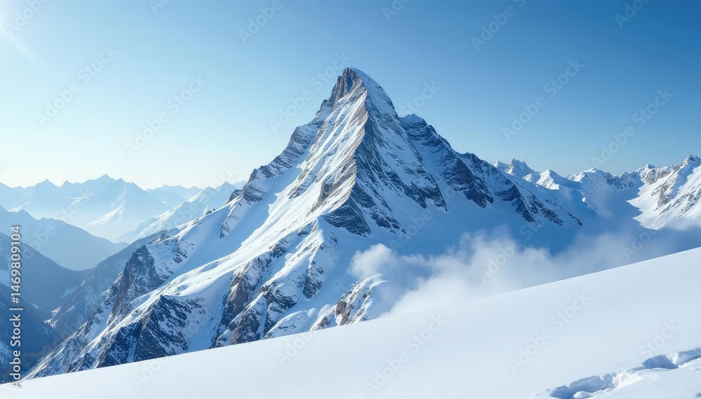 Fototapeta premium Majestic snow-covered mountain peak, untouched powder, winter wonderland , hills, solitude, mountain range