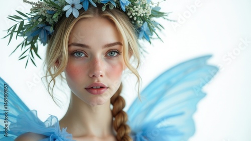 Obraz na płótnie Charming fairy woman in a blue ethereal dress and a wreath on her head on white background, gentle mysterious blonde girl with perfect skin and makeup. Cleanliness, body care and s. w salonie