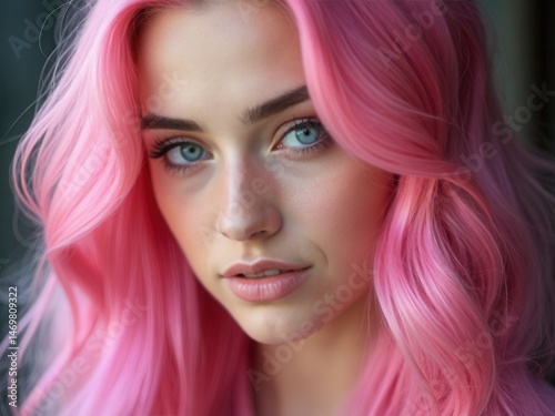 Portrait of a sexy young woman with pink hair. Perfect hairstyle and hair coloring. Girl with beautiful blue eyes and long pink hair.