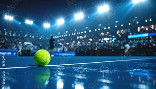 Close Up Of Tennis Ball On Wet Blue Court At Night