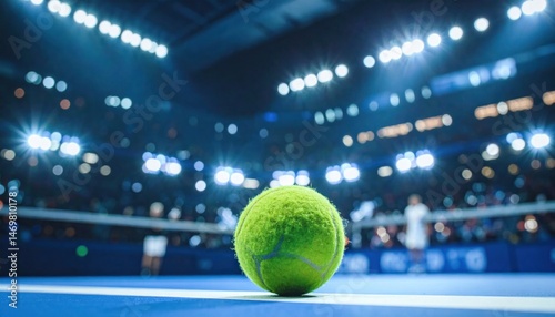 Closeup of Tennis Ball on Blue Court with Bright Stadium Lights
