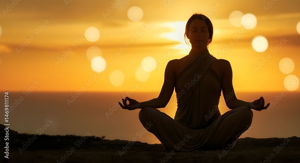 Relax e meditazione nella natura, giovane donna che fa yoga al tramonto