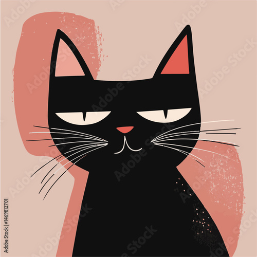 Grumpy Black Cat Cartoon Character Illustration With Stylish Abstract Background