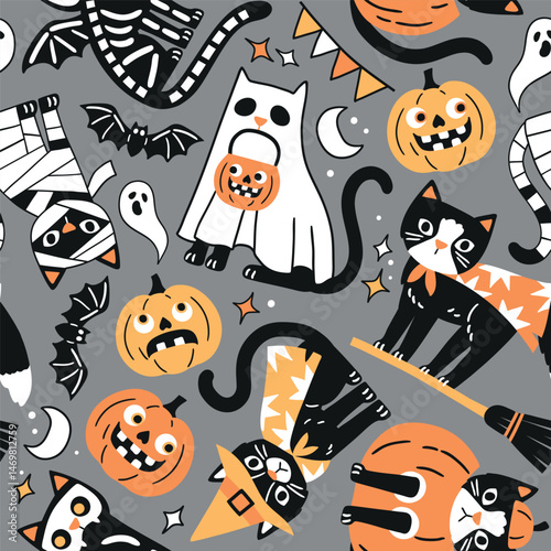 Seamless vector pattern with spooky Halloween black cats. Hand drawn creepy Halloween pumpkin and cat illustration. Perfect for wallpaper or fabric print design. EPS 10 vector file.