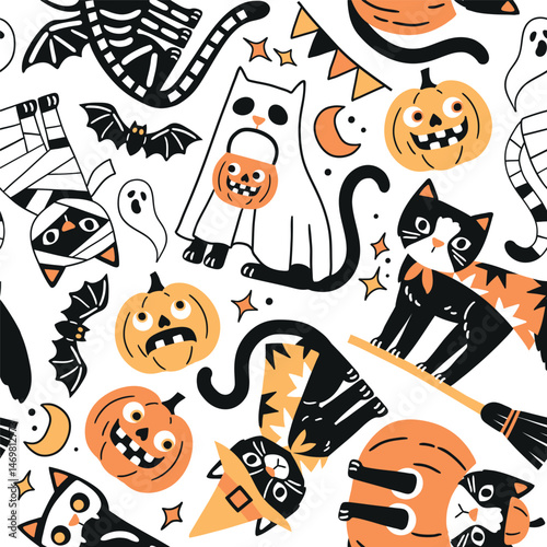 Seamless vector pattern with spooky Halloween black cats. Hand drawn creepy Halloween pumpkin and cat illustration. Perfect for wallpaper or fabric print design. EPS 10 vector file.