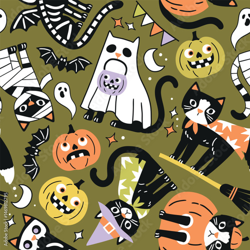 Seamless vector pattern with spooky Halloween black cats. Hand drawn creepy Halloween pumpkin and cat illustration. Perfect for wallpaper or fabric print design. EPS 10 vector file.