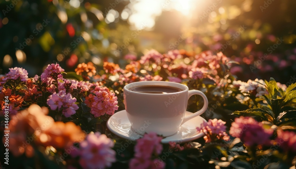 Fototapeta premium Coffee cup amidst flowers at sunset