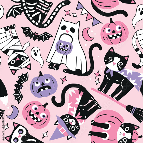 Seamless vector pattern with spooky Halloween black cats. Hand drawn creepy Halloween pumpkin and cat illustration. Perfect for wallpaper or fabric print design. EPS 10 vector file.