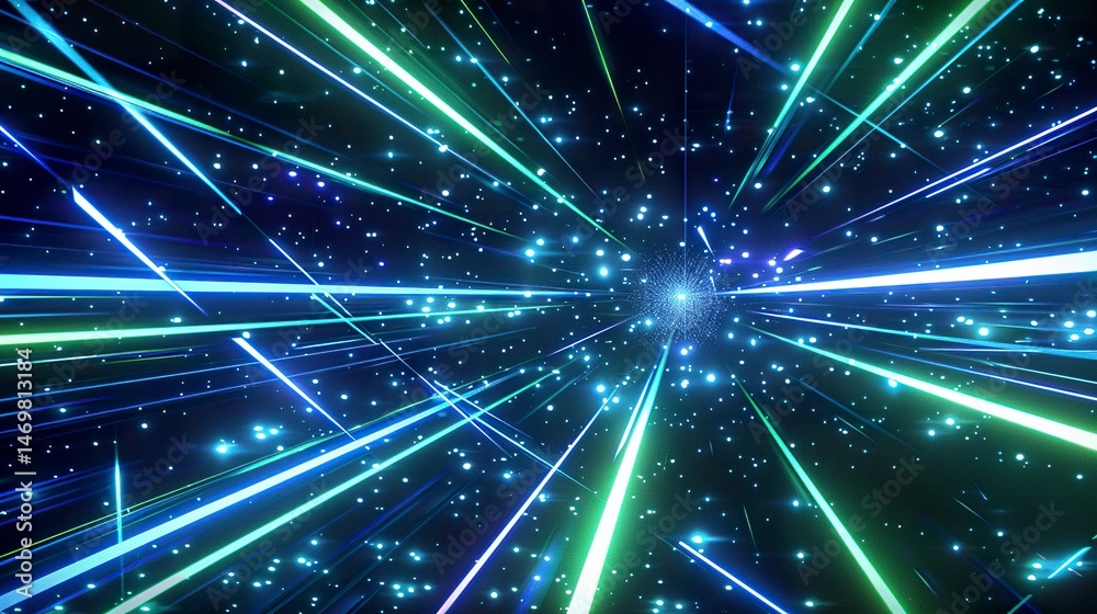 Obraz premium Light blue and green neon lines intersect and flow across a dark background, with sparkling particles of data suspended in the air, exuding energy and innovation 