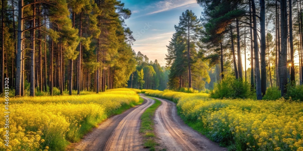 Obraz premium Serene Sunset Vista A Winding Country Road Through a Lush Yellow Wildflower Meadow, Flanked by Tall, Majestic Pine Trees Casting Long Shadows at Golden Hour