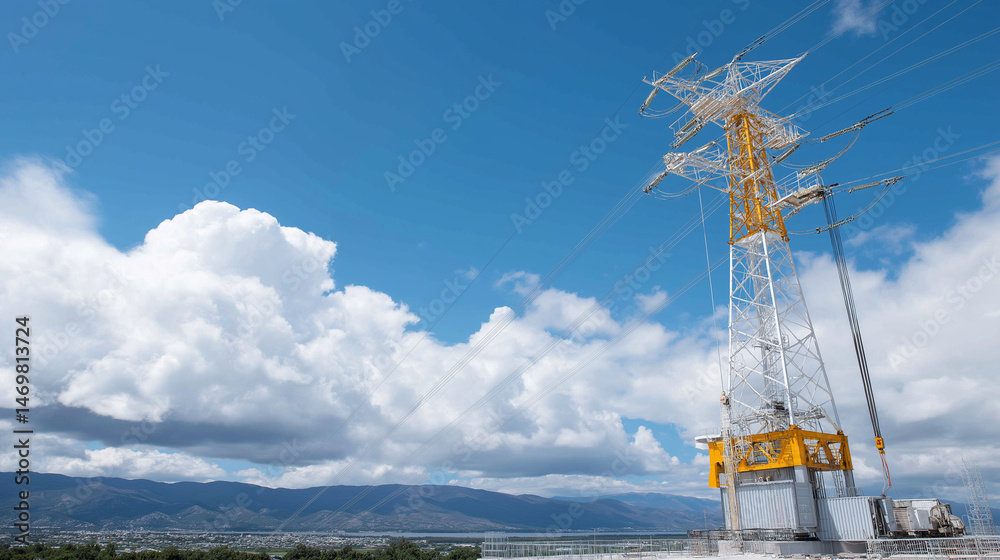 Fototapeta premium A crane lifting a tower section into place in bright afternoon