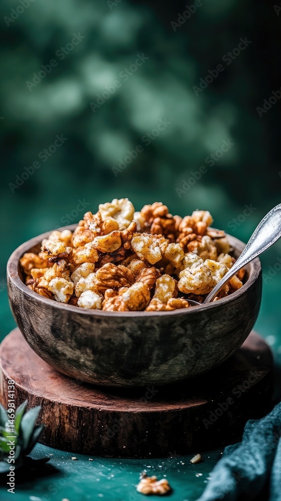 Roasted walnuts in wooden bowl Roasted walnuts in wooden bowl