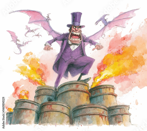 An angry man in a purple suit and top hat stands triumphantly on steel barrels. Flames erupt around him while small dragons fly overhead, creating a dynamic and chaotic atmosphere.