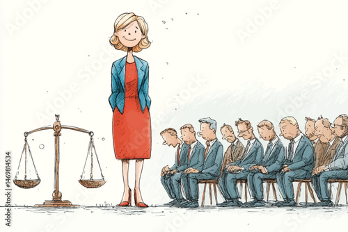 A confident woman stands in front of a group of men wearing suits, patiently seated on chairs. She holds a balance scale, symbolizing justice and equality in a courtroom environment.