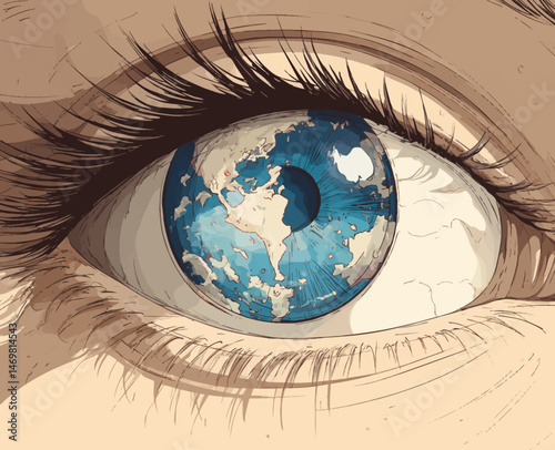 An artistic representation features an eye with the Earth clearly visible in the iris. This creative design highlights Earth's continents surrounded by a light, dreamy background, emphasizing peace.