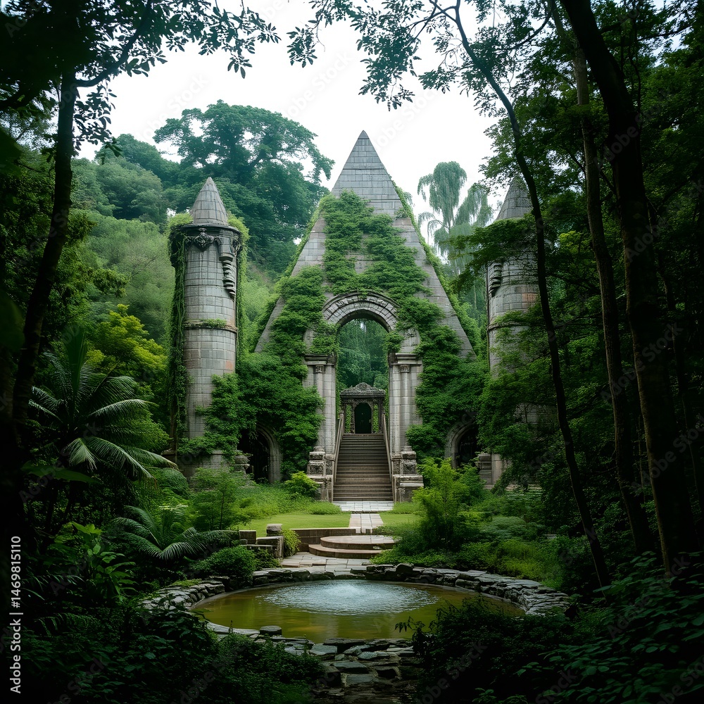 Fototapeta premium Overgrown Stone Ruins in Lush Green Forest Setting Ancient Architecture and Tranquil Pond