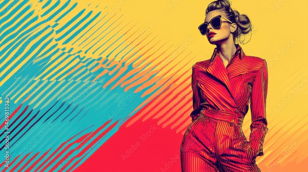 Fototapeta premium Fashion model in vibrant striped outfit with bold colors and oversized sunglasses against a colorful backdrop