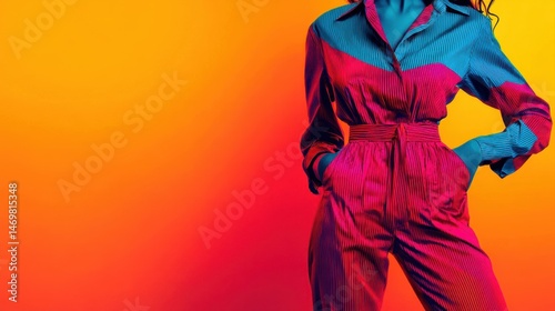 Vibrant Portrait of Model in Colorful Fashion Against Bright Gradient Background