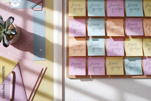 board on desk with motivational sticky notes