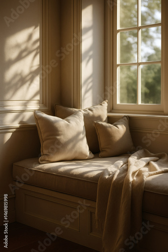 Low-Angle Elegant Window Seat with Side Light and Natural Shadows