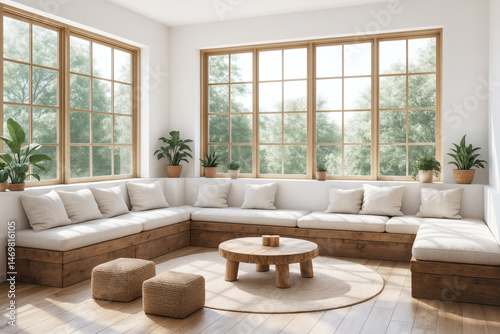 Sunlit Living Room with Built-in Bench and Corner Windows