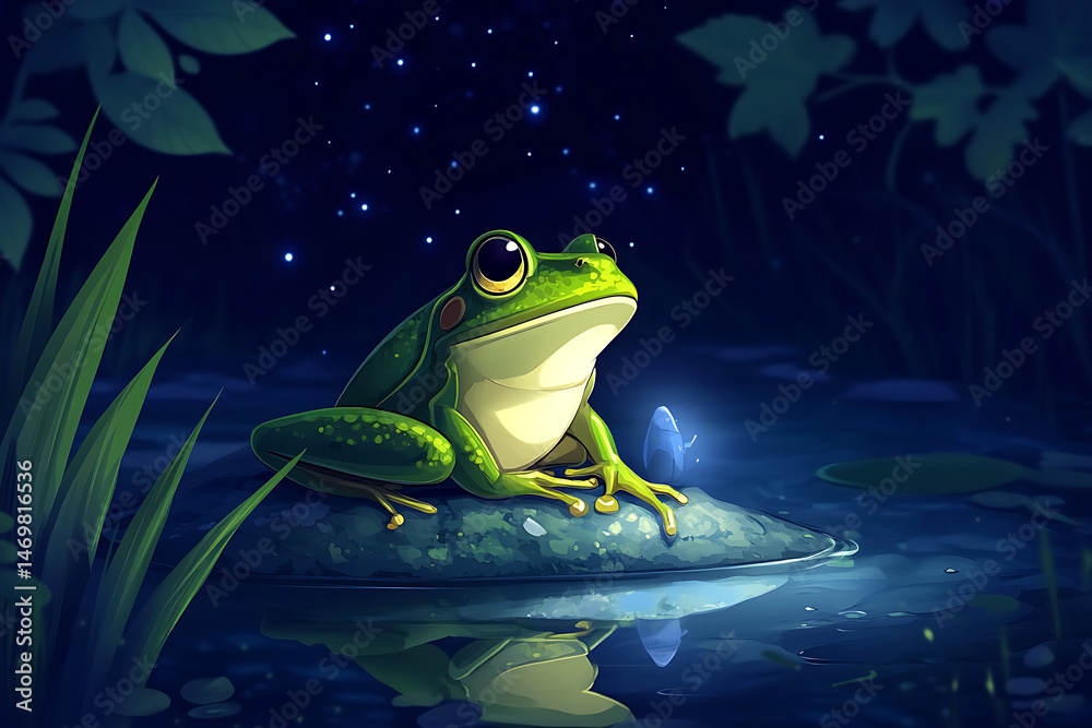 A vibrant green frog perched on a rock by a serene pond, illuminated by fireflies under a starry sky A vibrant green frog perched on a rock by a serene pond, illuminated by fireflies under a starry sky