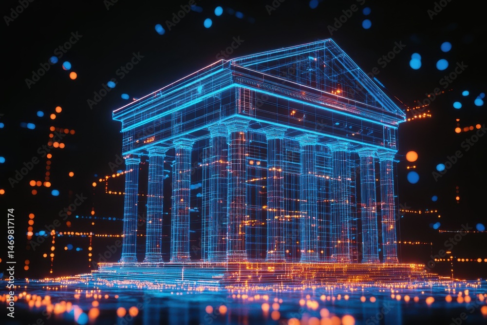 Obraz premium A bank building with columns featuring blue circuit linings in the design, highlighting a unique blend of classical and modern architecture.