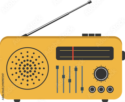 Flat vector illustration of a yellow retro radio with knobs and antenna