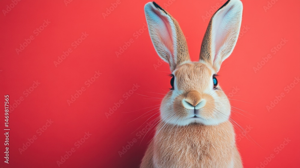 Fototapeta premium Cute fluffy rabbit with large ears posing against a vibrant red background in a minimalistic style