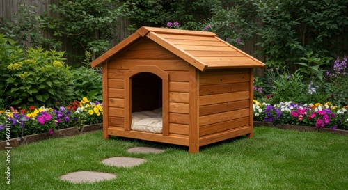 Wooden dog house in garden setting