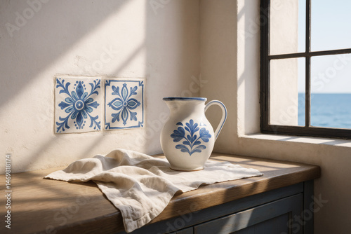 Fragment of a Sardinian Mediterranean Kitchen with Glazed Ceramics and Textiles