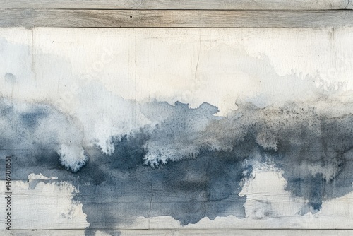 Abstract watercolor painting on wood; serene blue and gray washes evoke a calming seascape or misty mountain range.