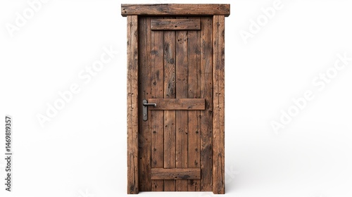 Narrow rustic cabin door with raw wood grain texture isolated on a seamless white background subtle natural lighting front angle.  