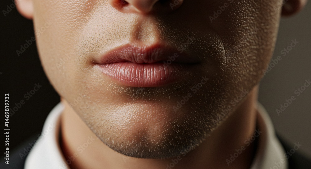 Obraz premium Close-up Portrait of a Man's Lips and Chin A Study in Masculine Facial Features and Texture