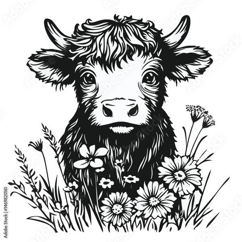 Highland Cow Portrait In Floral Meadow Black And White Vector Illustration