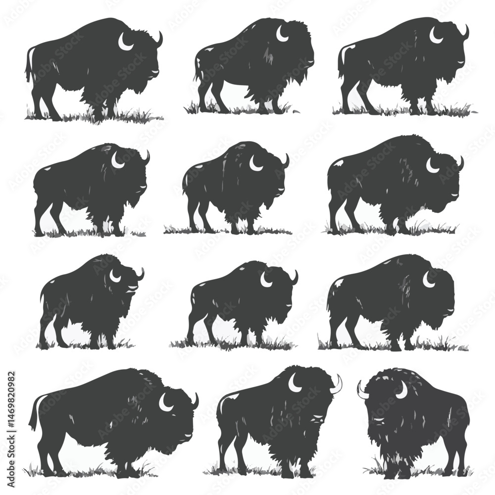 Obraz premium Bison Silhouette Set Of Grazing Animals On White Background Illustration