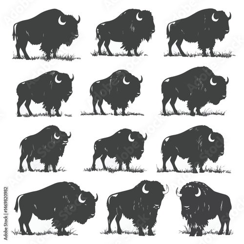 Bison Silhouette Set Of Grazing Animals On White Background Illustration