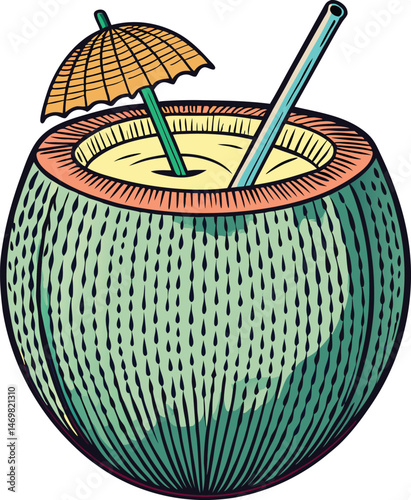 Tropical Coconut Drink Summer Cocktail Beach Vacation With Umbrella, Straws Vector Illustration