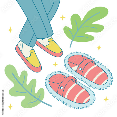 A cartoon image of legs wearing gray leggings and socks with orange striped slippers