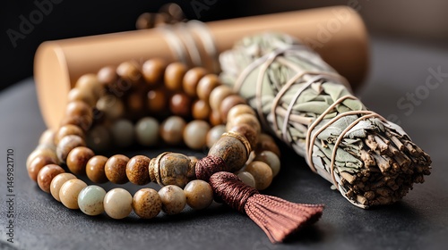 Spiritual items for meditation and cleansing rituals.