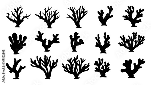 Seaweed silhouettes, coral black icon. Abstract organic shape, underwater plant, matisse element, cute sea doodle.