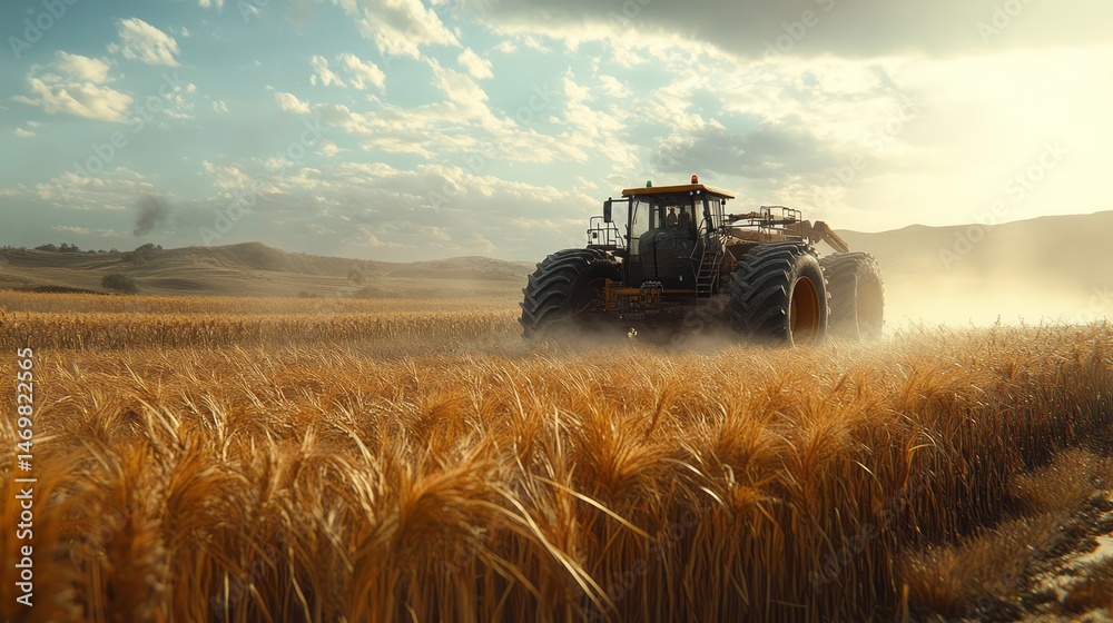 Fototapeta premium Agricultural tractor working a golden field at sunset.