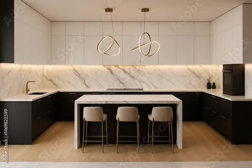 Modern black kitchen interior with sleek silver lighting and minimalist design