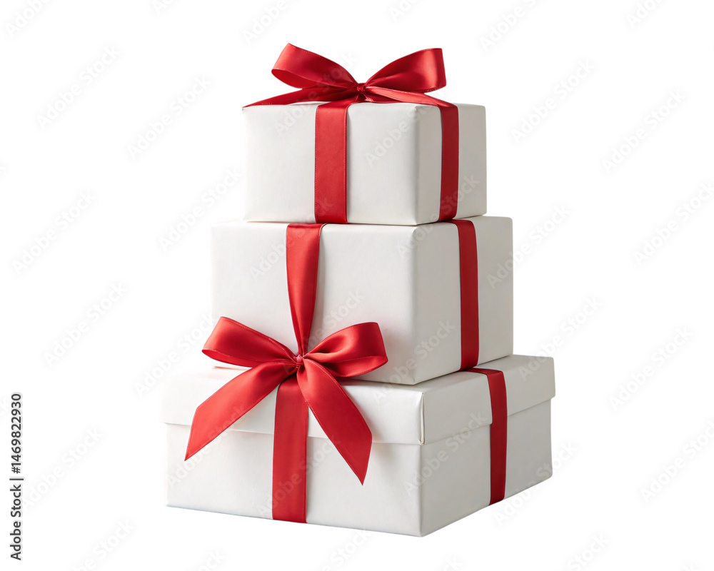 Obraz premium Stack of White Gift Boxes with Red Ribbons isolated on transparent background
