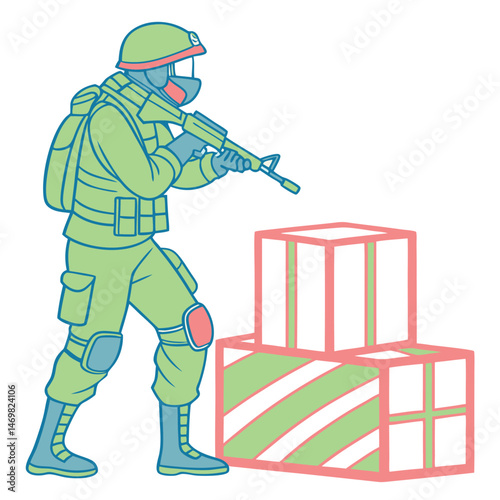 A cartoon soldier in green uniform aiming a rifle next to stacked boxes on white background