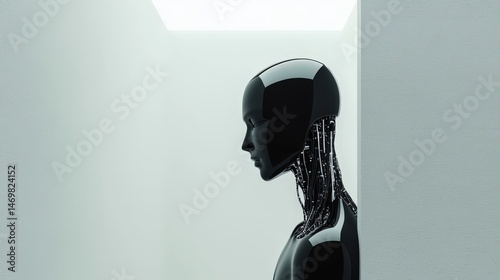 A black robot with a white face stands in front of a white wall