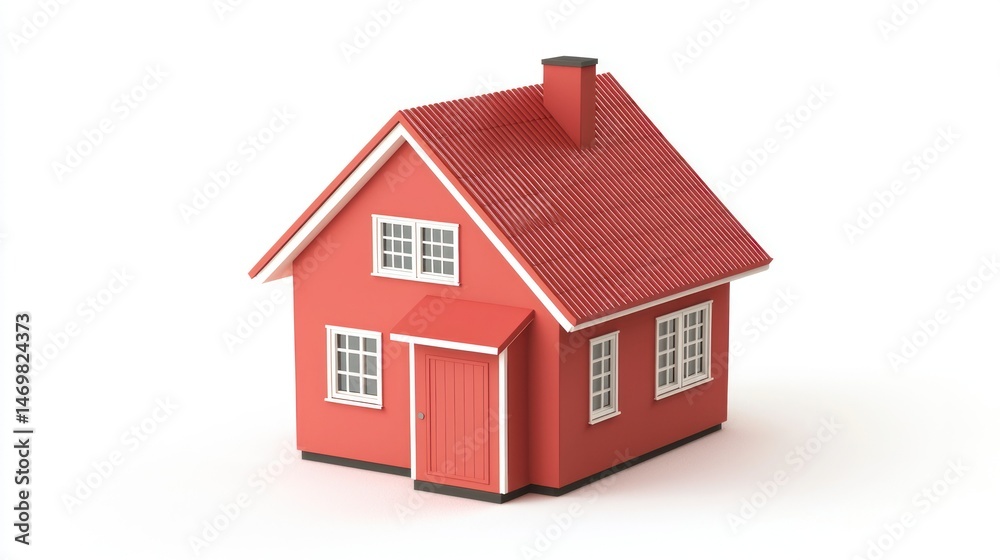 Fototapeta premium A red house with a red roof and white trim, standing on a white background with a white door and windows.