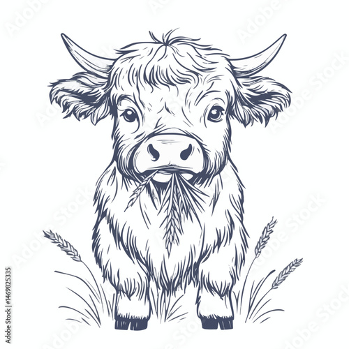 Hand Drawn Highland Cow Eating Wheat Vector Illustration Design