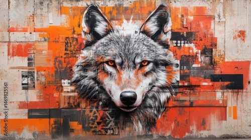 Stunning Urban Mural of a Fierce Wolf with Bright Orange and Gray Colors on a Textured Wall